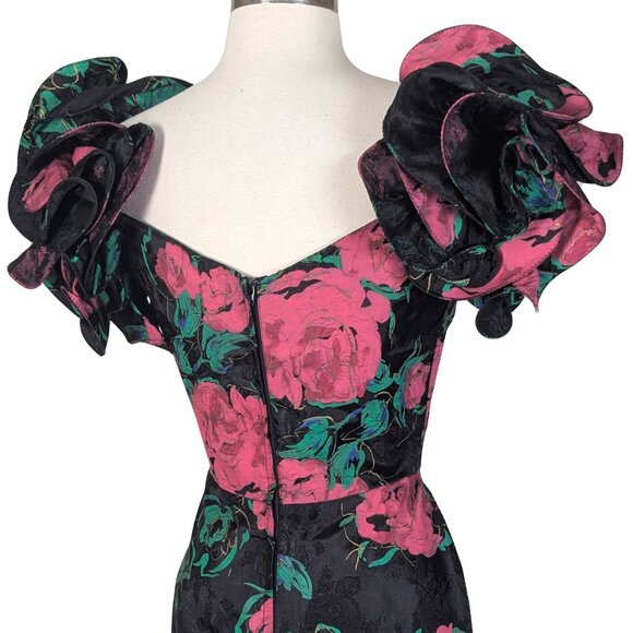Vintage 80s Red Rose Floral Print Ruffle Sleeve Prom Cocktail Party Dress M - Picture 9 of 14